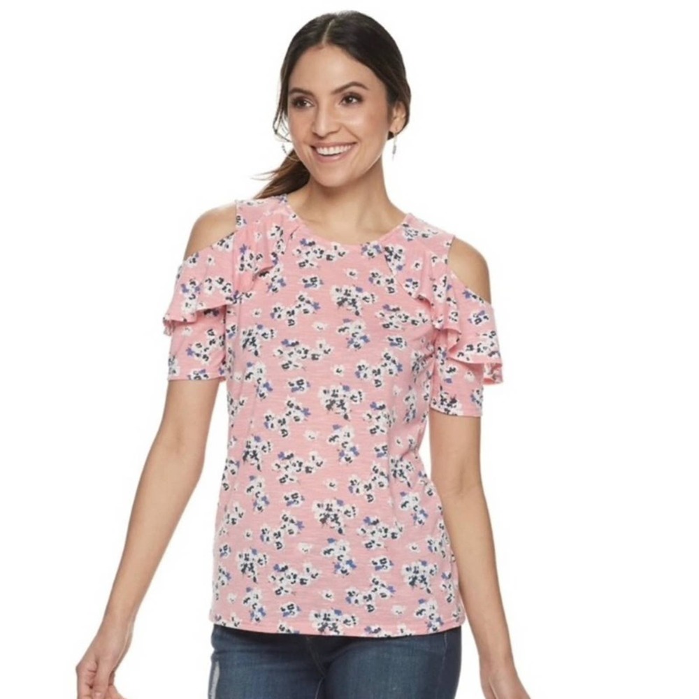 JUICY COUTURE RUFFLE OPEN SHOULDER BLOUSE SIZE XXL FLORAL MULTICOLORS ROUND NECK